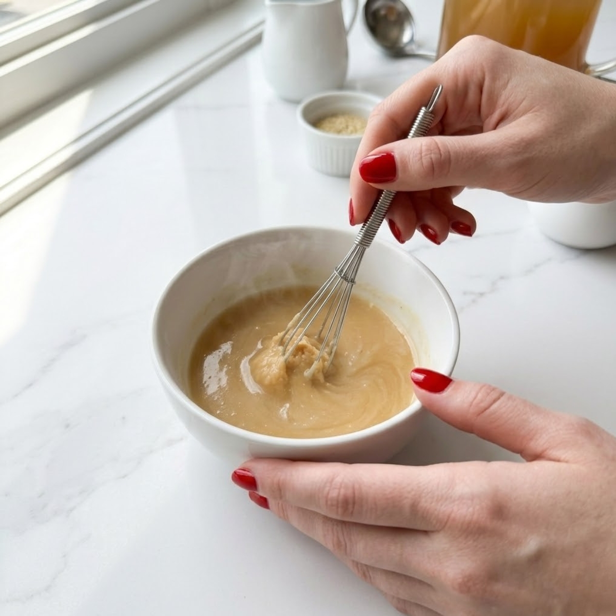 Close-up view dyal young woman's hands f classic red nails actively using a whisk dyal blend miso paste and hot ginger broth f a small bowl f a marble counter, following Step 2 dyal l- recipe.
