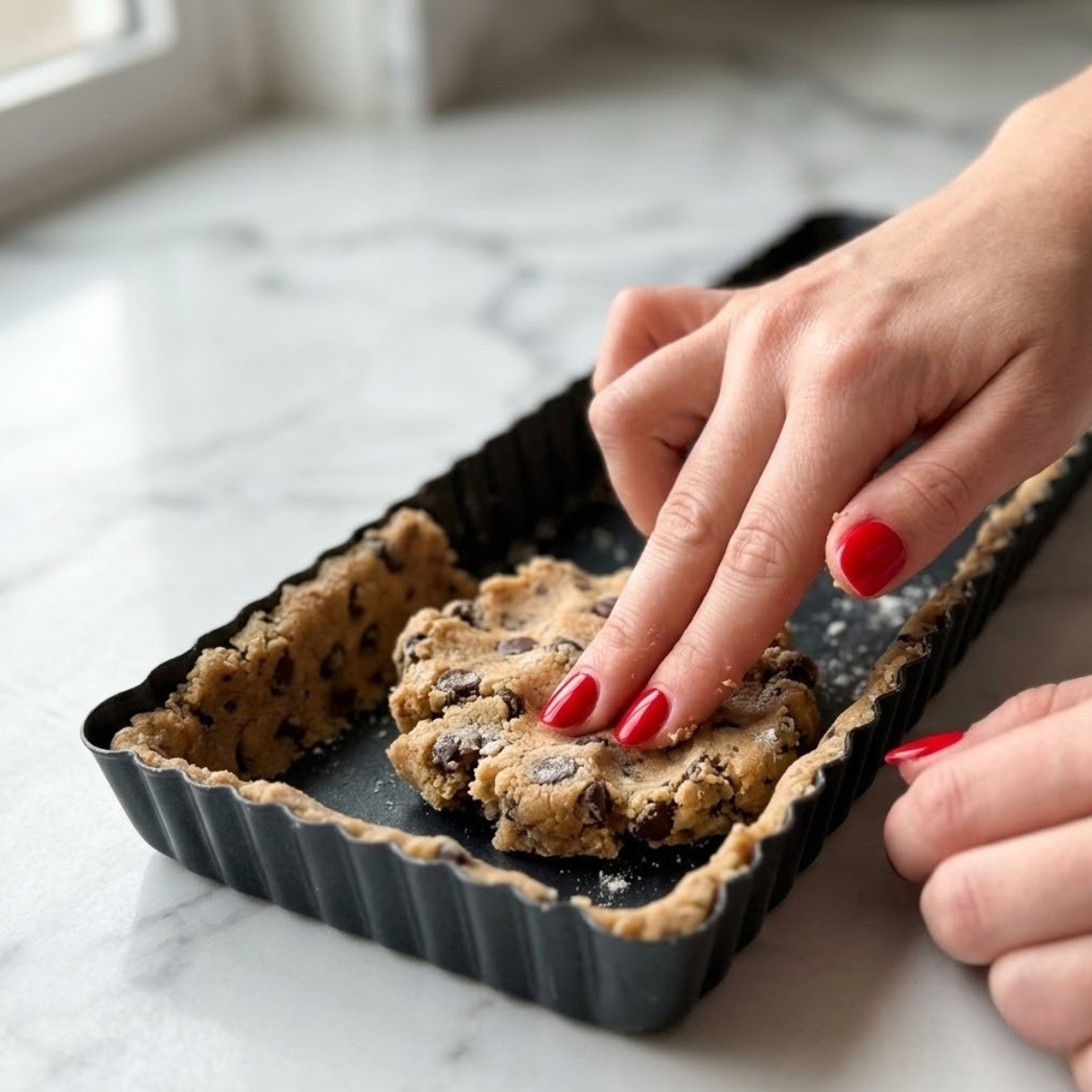 Close-up view dyal young woman's hands f classic red nails pressing raw chocolate chip cookie dough into a rectangular tart pan to build a crust, f a white marble counter, illustrating Step 1 dyal l- recipe.