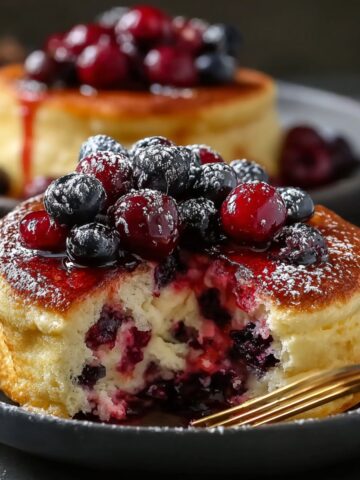 Protein Pancake Bowls on a dark plate, fluffy baked pancake cups packed with mixed berries, topped with glossy berry compote and powdered sugar.