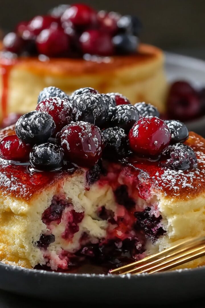 Protein Pancake Bowls on a dark plate, fluffy baked pancake cups packed with mixed berries, topped with glossy berry compote and powdered sugar.