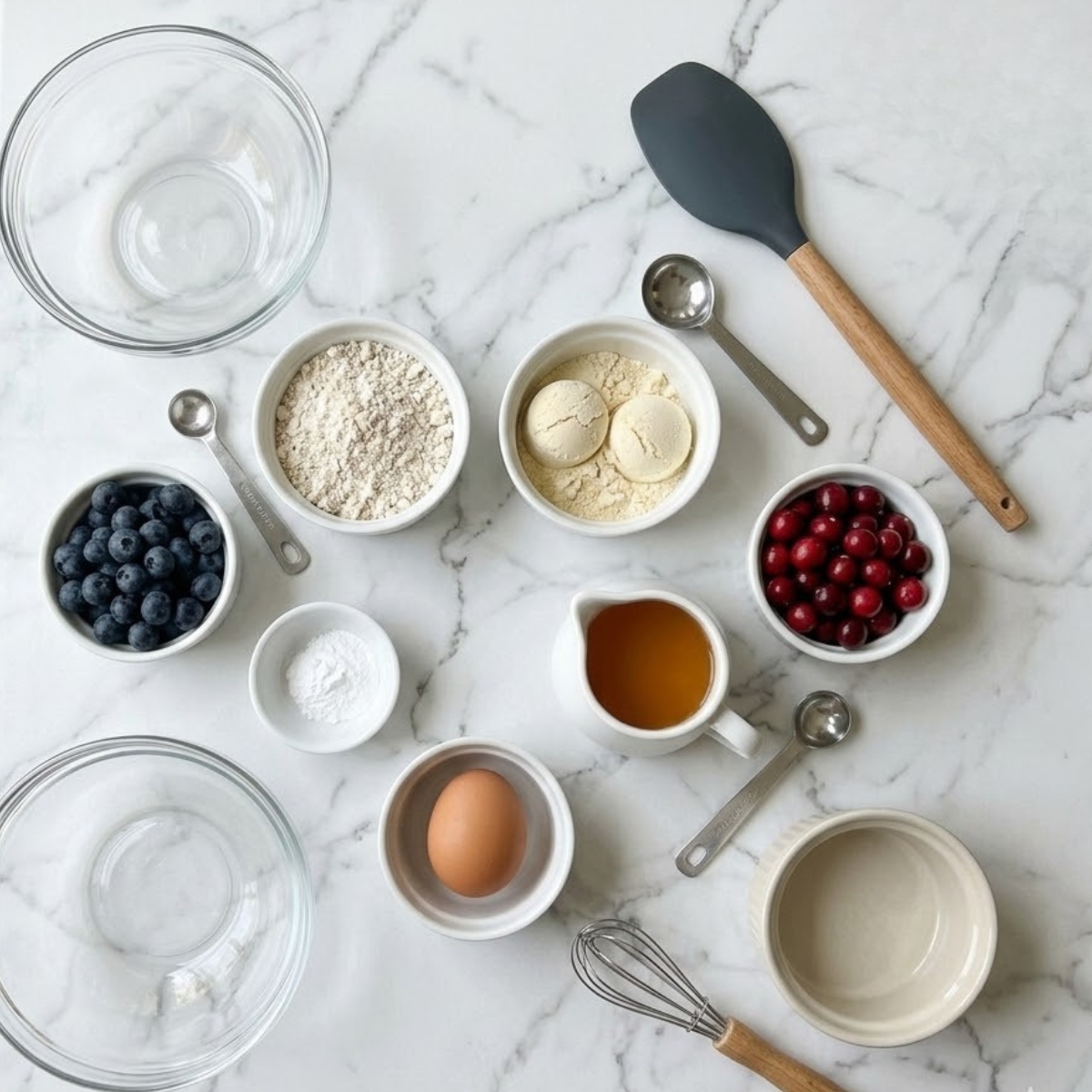 Overhead view f organized raw ingredients for protein pancake bowls, including oat flour, protein powder, berries, milk, and egg, along with kitchen tools on a white marble counter, with no hands visible.