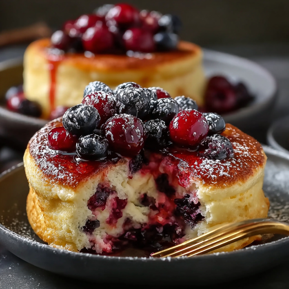 Protein Pancake Bowls on a dark plate, fluffy baked pancake cups packed with mixed berries, topped with glossy berry compote and powdered sugar.