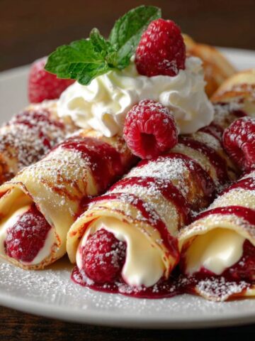 Rolled raspberry vanilla cream crepes filled with vanilla cream and fresh raspberries, drizzled with raspberry sauce and dusted with powdered sugar, topped with whipped cream, fresh raspberries, and mint on a white plate.