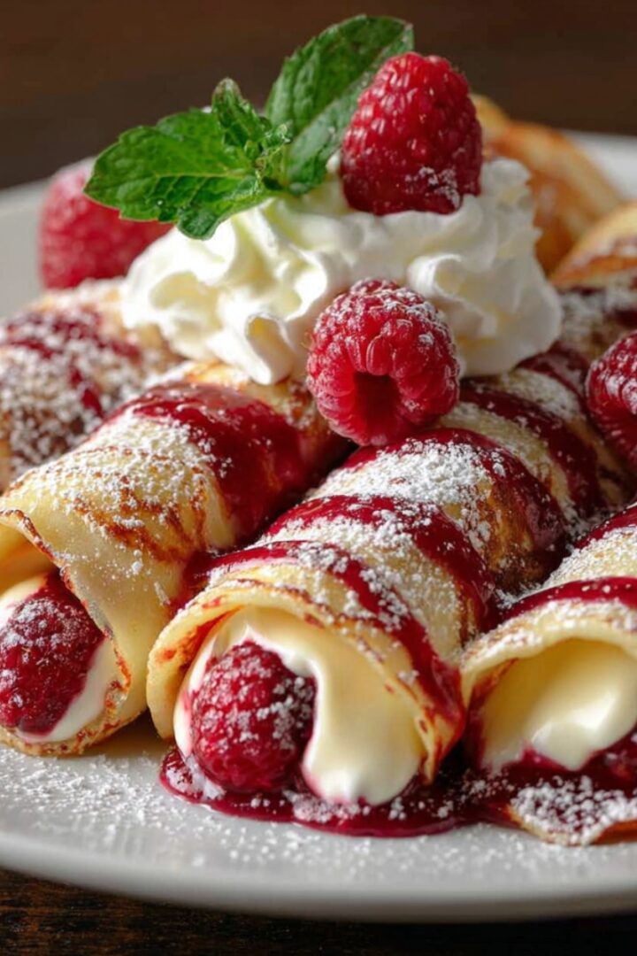 Rolled raspberry vanilla cream crepes filled with vanilla cream and fresh raspberries, drizzled with raspberry sauce and dusted with powdered sugar, topped with whipped cream, fresh raspberries, and mint on a white plate.
