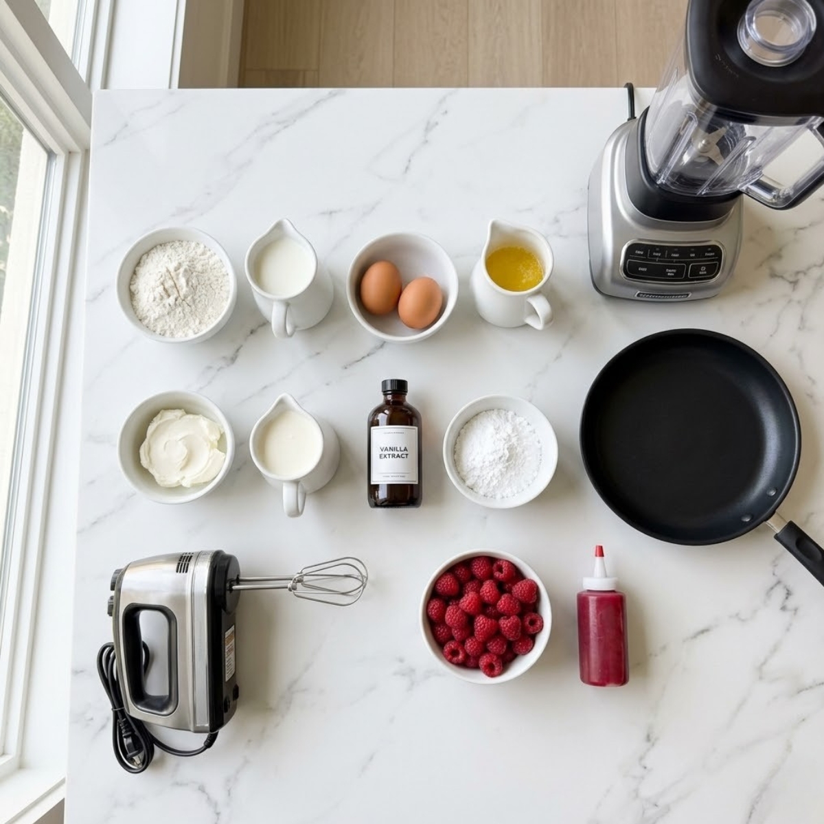 Organized overhead flat lay of raw ingredients for Raspberry Vanilla Cream Crepes, including crepe batter ingredients, cream cheese, raspberries, and coulis, arranged on a white marble counter in natural light. No hands are visible.