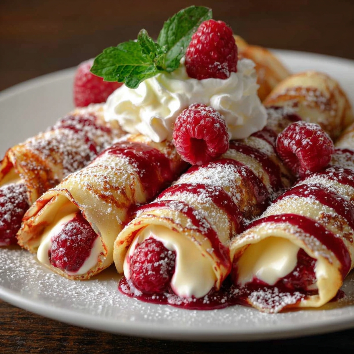 Rolled raspberry vanilla cream crepes filled with vanilla cream and fresh raspberries, drizzled with raspberry sauce and dusted with powdered sugar, topped with whipped cream, fresh raspberries, and mint on a white plate.