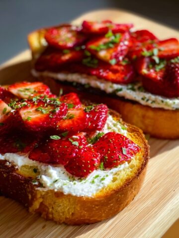 Roasted Strawberry Whipped Ricotta Toast on a wooden board with golden toasted bread, creamy whipped ricotta, juicy roasted strawberries, and fresh herb garnish.