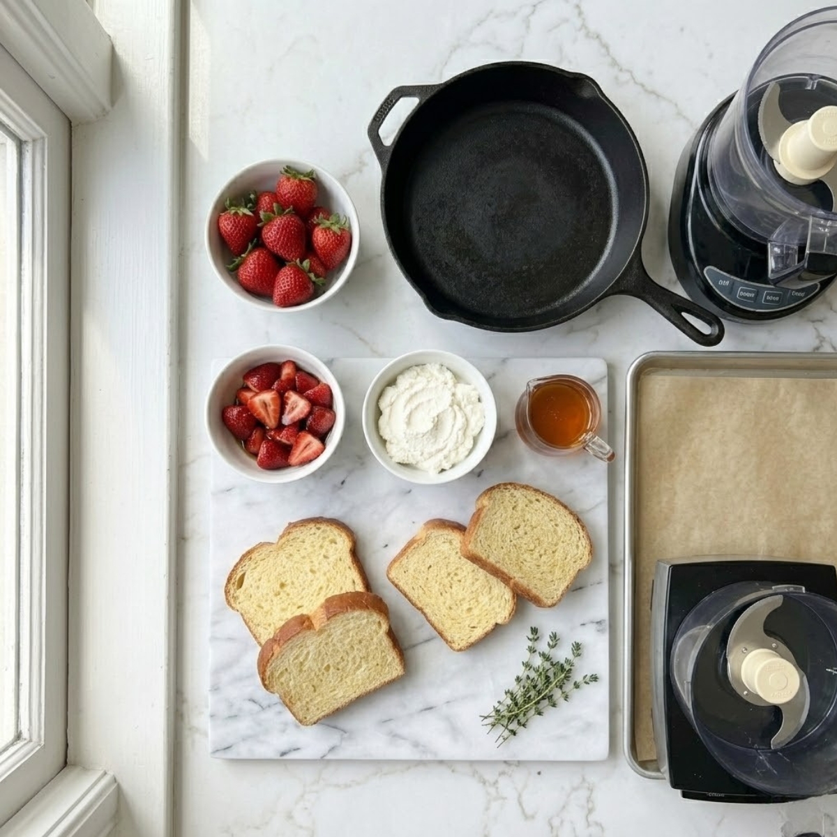 An organized overhead flat lay view dyal raw ingredients for Roasted Strawberry Whipped Ricotta Toast, including fresh and halved strawberries with honey and balsamic, whole milk ricotta, thick artisan bread, honey, and fresh thyme, arranged f neat bowls on a white marble kitchen counter f natural light. No hands are visible.