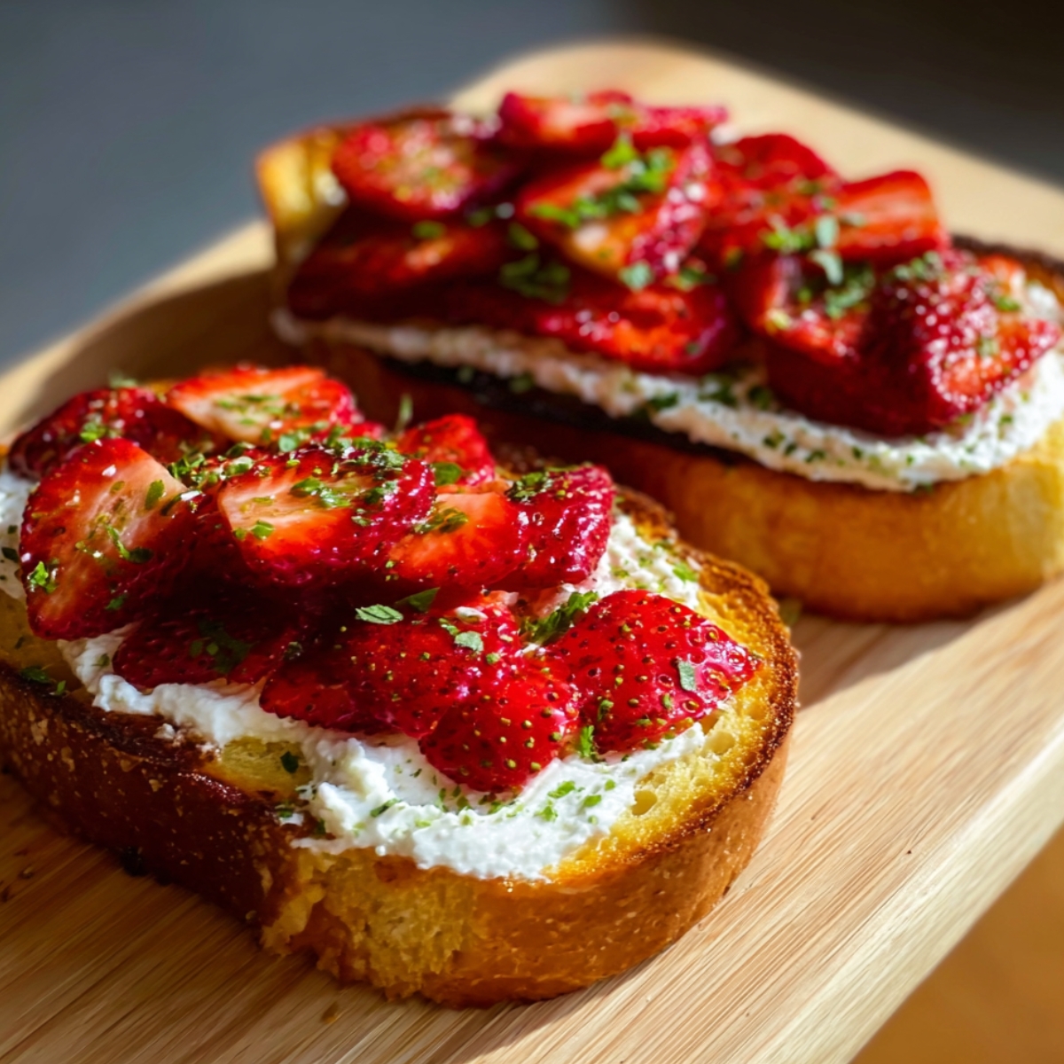 Roasted Strawberry Whipped Ricotta Toast on a wooden board with golden toasted bread, creamy whipped ricotta, juicy roasted strawberries, and fresh herb garnish.