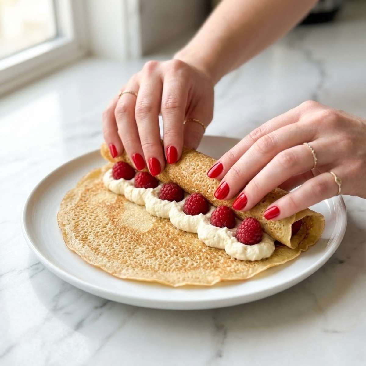 Close-up view of a young woman's hands with classic red nails tightly rolling a thin crepe filled with thick vanilla cream and fresh red raspberries on a white plate over a white marble counter.