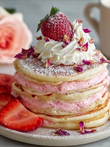 Rose Petal Pancakes stacked with pink rose cream filling, topped with whipped cream, dried rose petals, powdered sugar, and a fresh strawberry.