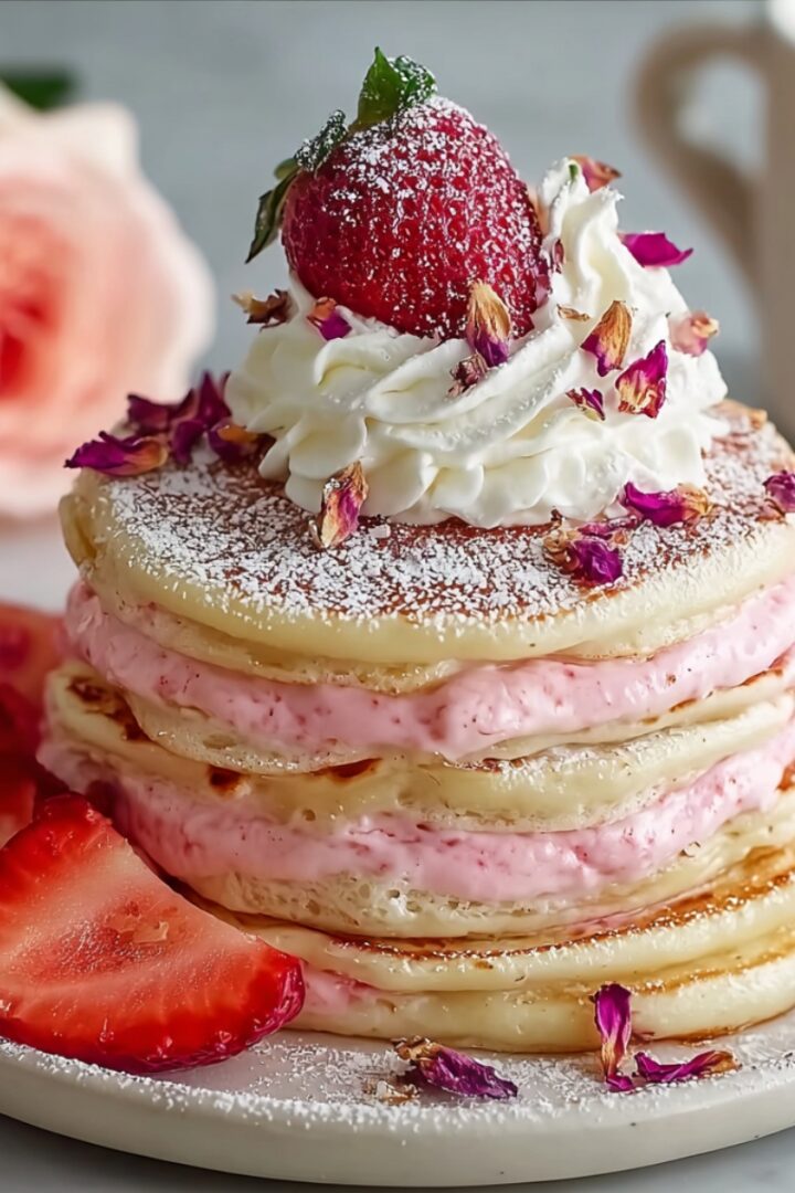 Rose Petal Pancakes stacked with pink rose cream filling, topped with whipped cream, dried rose petals, powdered sugar, and a fresh strawberry.