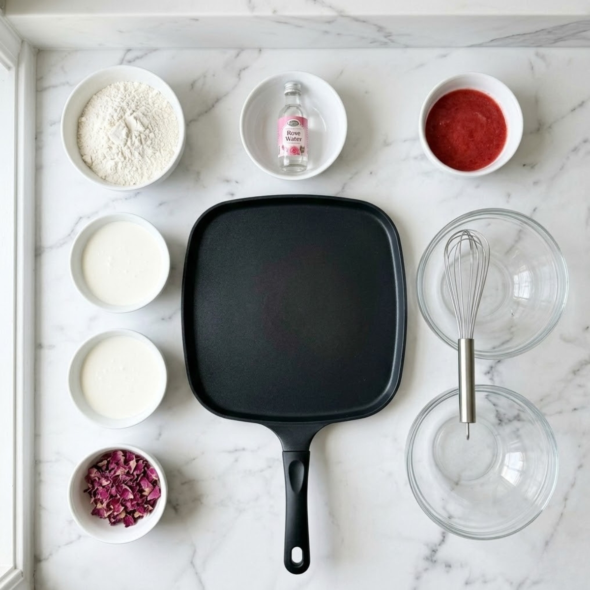 Overhead flat lay view of organized raw ingredients for Rose Petal Pancakes on a white marble counter with natural light.