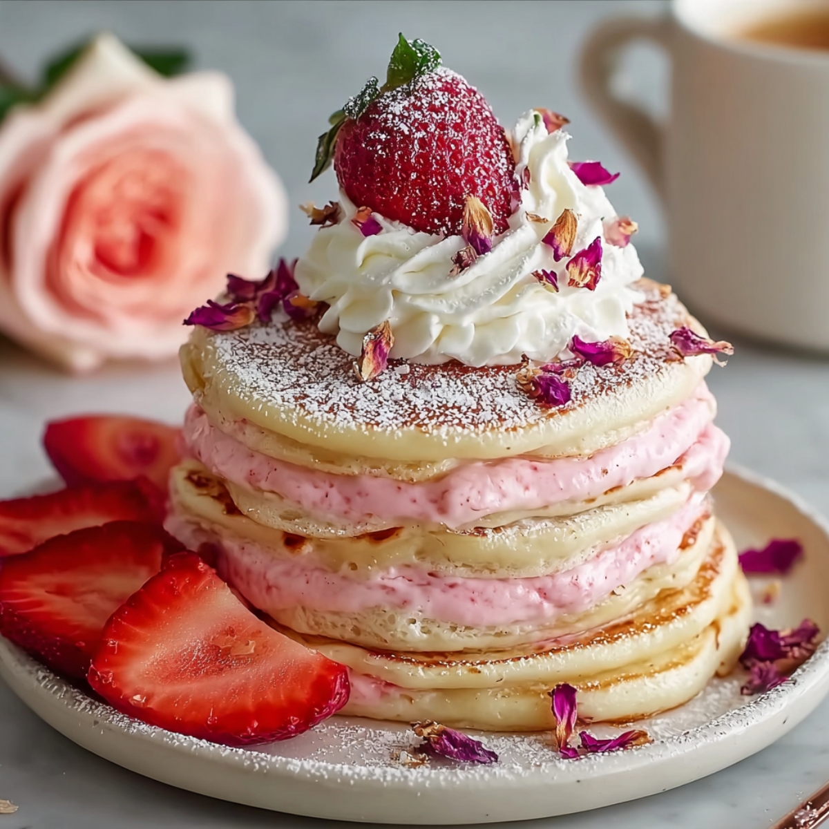 Rose Petal Pancakes stacked with pink rose cream filling, topped with whipped cream, dried rose petals, powdered sugar, and a fresh strawberry.