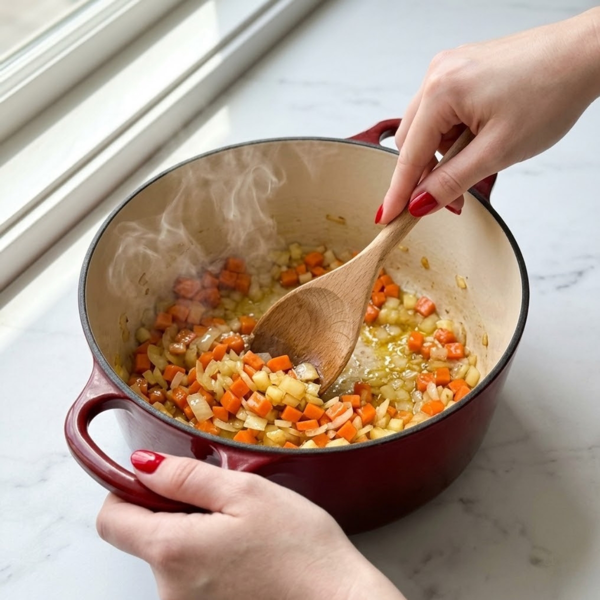Close-up view of a young woman's hand with classic red nails using a wooden spoon to stir diced onions and carrots sautéing in a hot Dutch oven on a white marble counter.