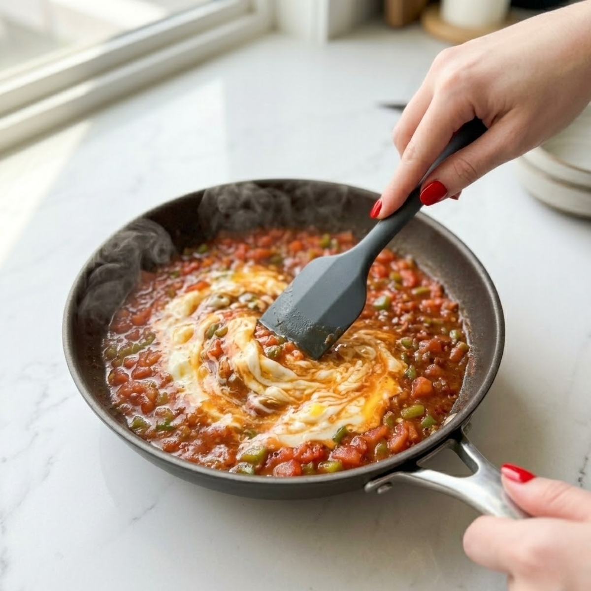 Close-up view of a young woman's hands with classic red nails using a spatula to gently swirl and fold setting eggs into a rich tomato and pepper sauce inside a hot skillet.