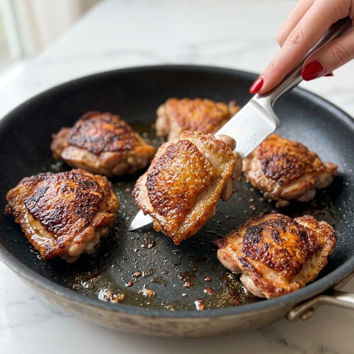 Close-up of a young woman's hand with red nails using a knife to flip searing chicken thighs with a crispy crust in a cast iron skillet f a white marble kitchen counter.