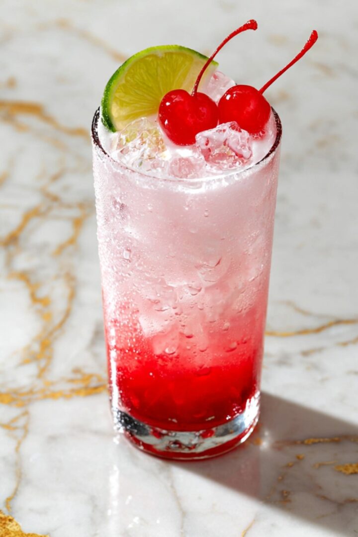 Shirley Temple Dirty Soda in a tall glass with red-to-pink ombre layers, crushed ice, maraschino cherries, and a lime slice on a marble surface.