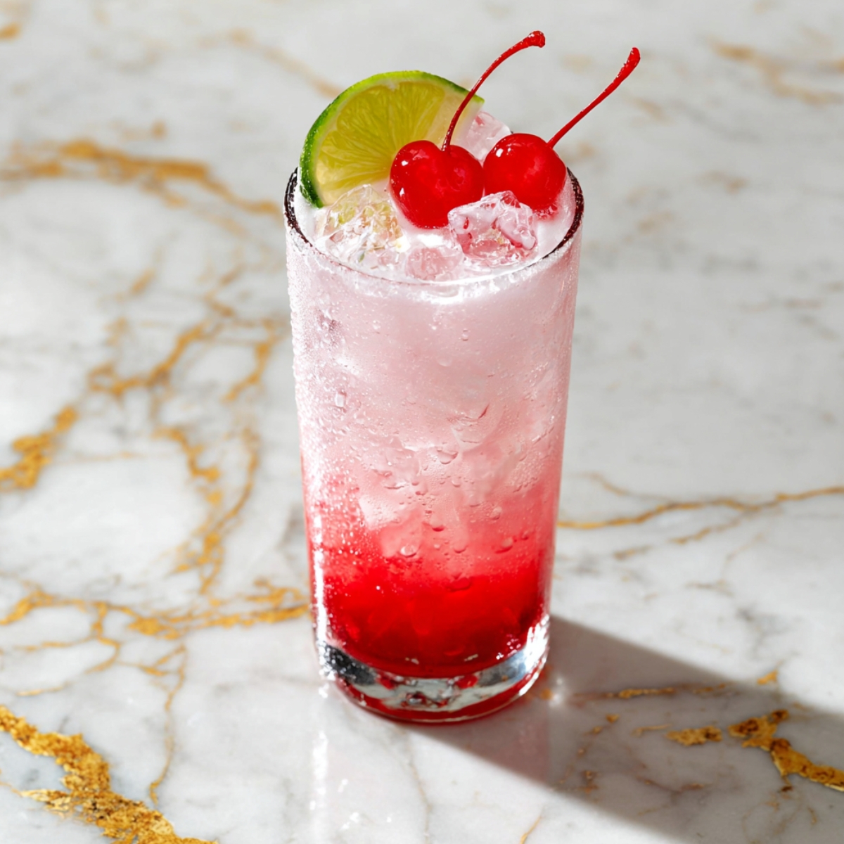 Shirley Temple Dirty Soda in a tall glass with red-to-pink ombre layers, crushed ice, maraschino cherries, and a lime slice on a marble surface.