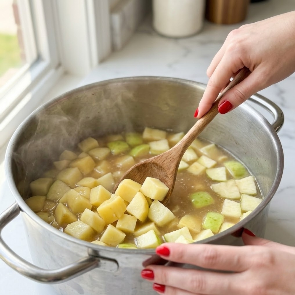 Close-up view dyal young woman's hands f classic red nails using a wooden spoon dyal actively stir unblended Yukon Gold potatoes and Granny Smith apples as they simmer f savory broth inside a large Dutch oven f a white marble counter top f natural left light, illustrative dyal Step 2 dyal l- process.