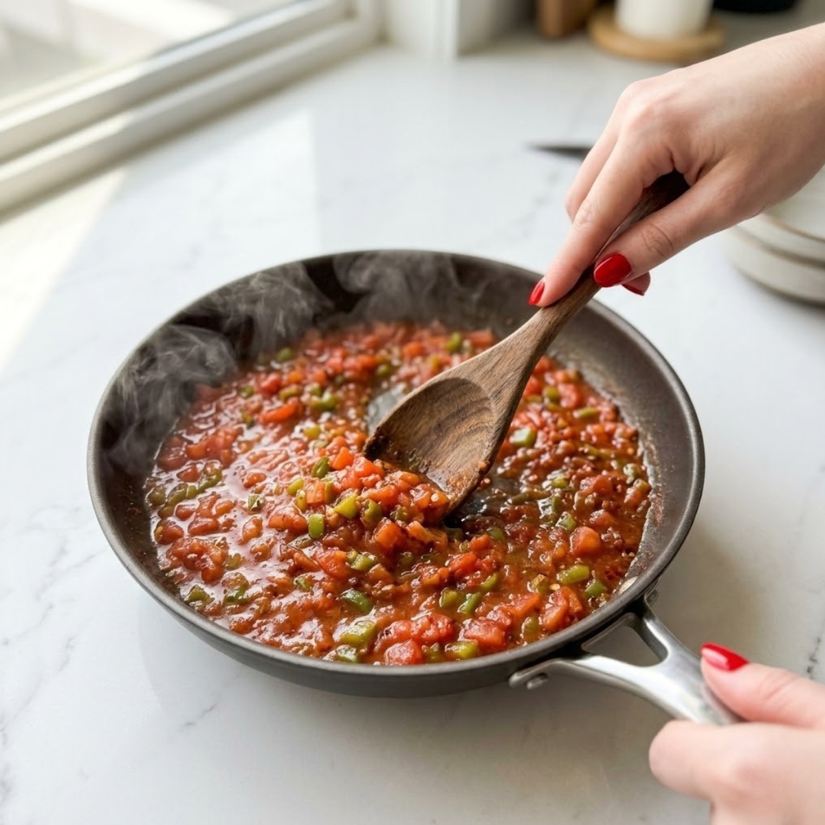 Close-up view of a young woman's hand with classic red nails using a wooden spoon to stir and mash a simmering, thick tomato and green pepper sauce in a skillet on a white marble counter.