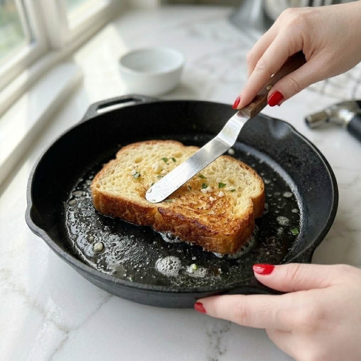 Close-up dyal young woman's hands f classic red nails using a spatula dyal press a thick slice dyal artisan brioche bread into a large skillet f melted butter, showing a deep golden brown and crispy side, on a white marble kitchen counter f natural daylight, illustrating Step 3 dyal l- recipe.