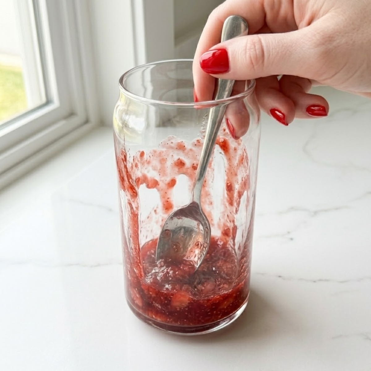 Close-up view of a young woman's hand with classic red nails using a spoon to smear thick, chunky red strawberry syrup up the inside walls of a clear, can-shaped glass on a white marble counter.