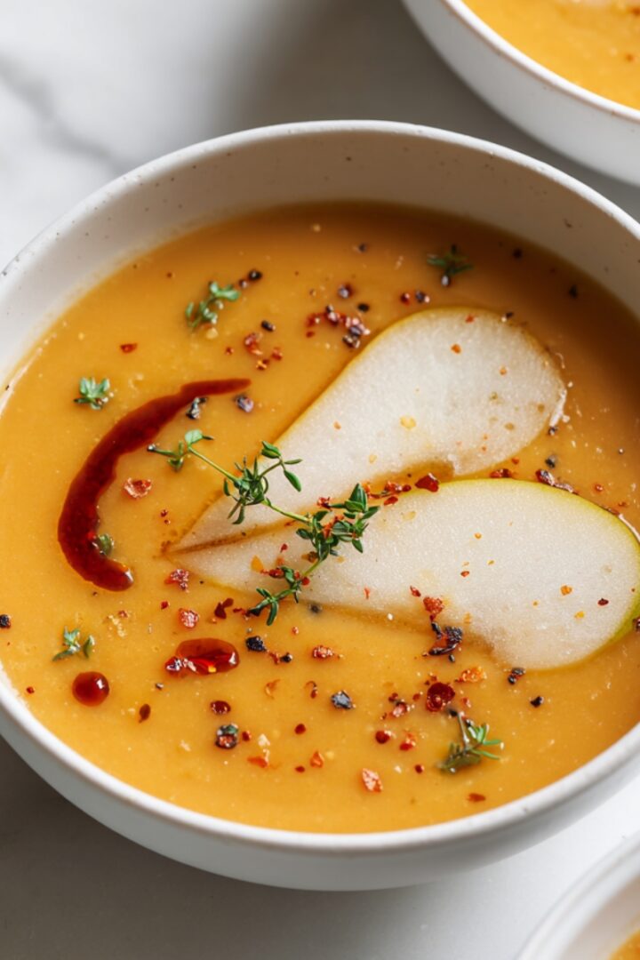 A speckled white bowl of smooth golden spicy apple soup garnished with thin apple slices, fresh thyme, red chili flakes, and a drizzle of spiced oil, on a marble surface with additional bowls and thyme sprigs nearby.