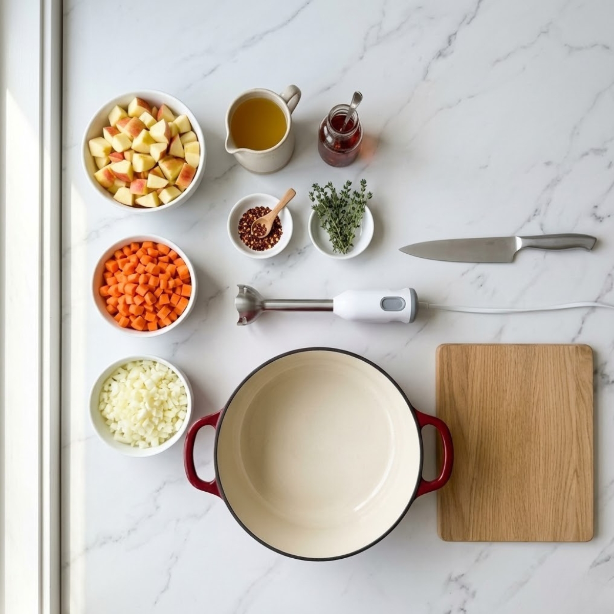 Organized overhead flat lay of raw ingredients for Spicy Apple Soup, including apples, carrots, onions, vegetable broth, chili oil, and thyme, arranged on a white marble counter in natural light. No hands are visible.