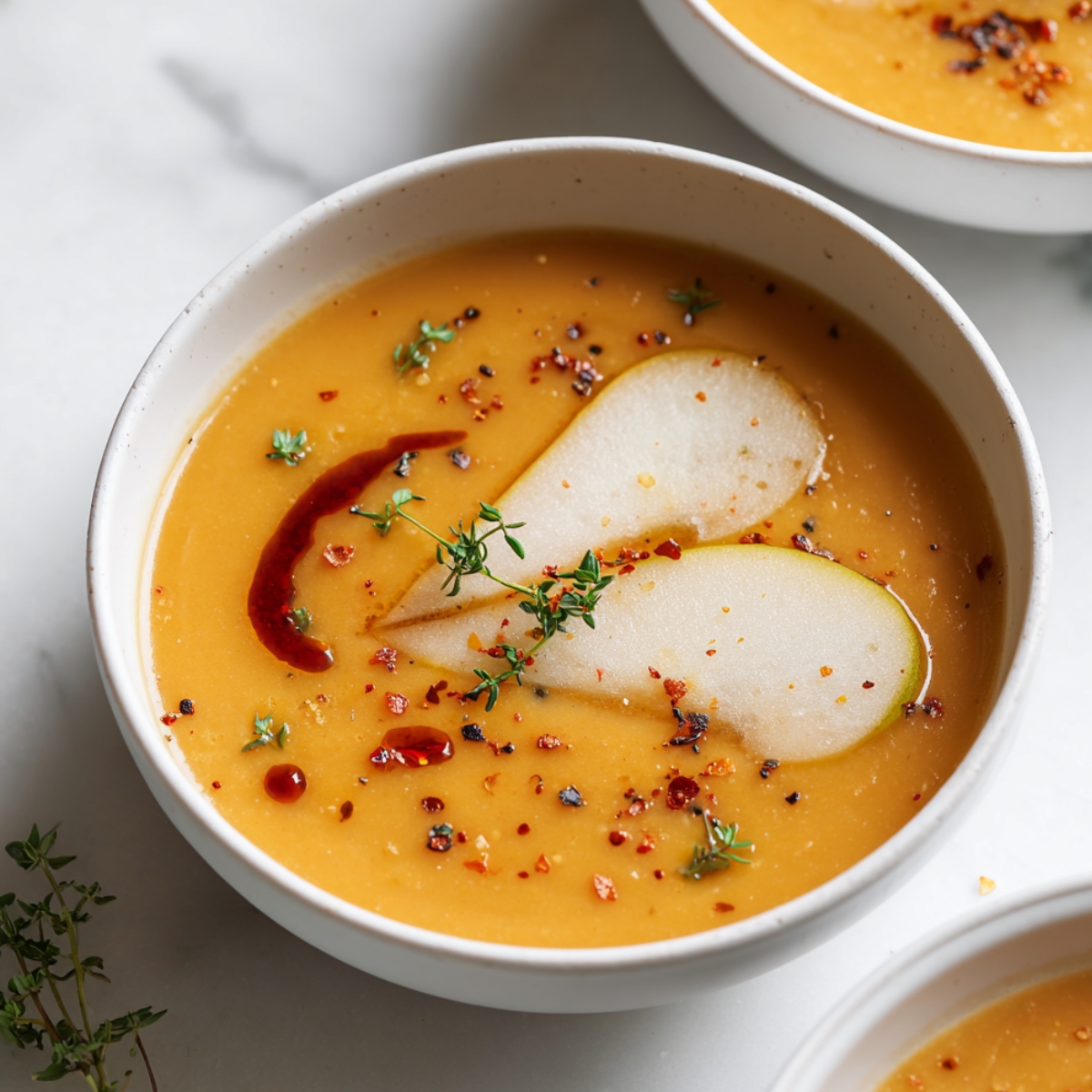 A speckled white bowl of smooth golden spicy apple soup garnished with thin apple slices, fresh thyme, red chili flakes, and a drizzle of spiced oil, on a marble surface with additional bowls and thyme sprigs nearby.