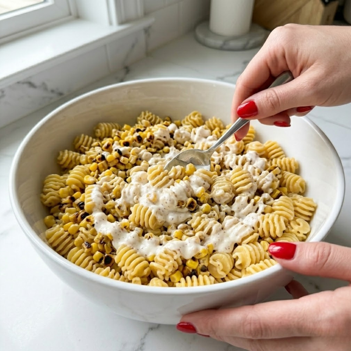 Close-up of a young woman's hand with classic red nails carefully using a spoon to mix thick mayonnaise dressing into a bowl of pasta and charred corn on a white marble counter.