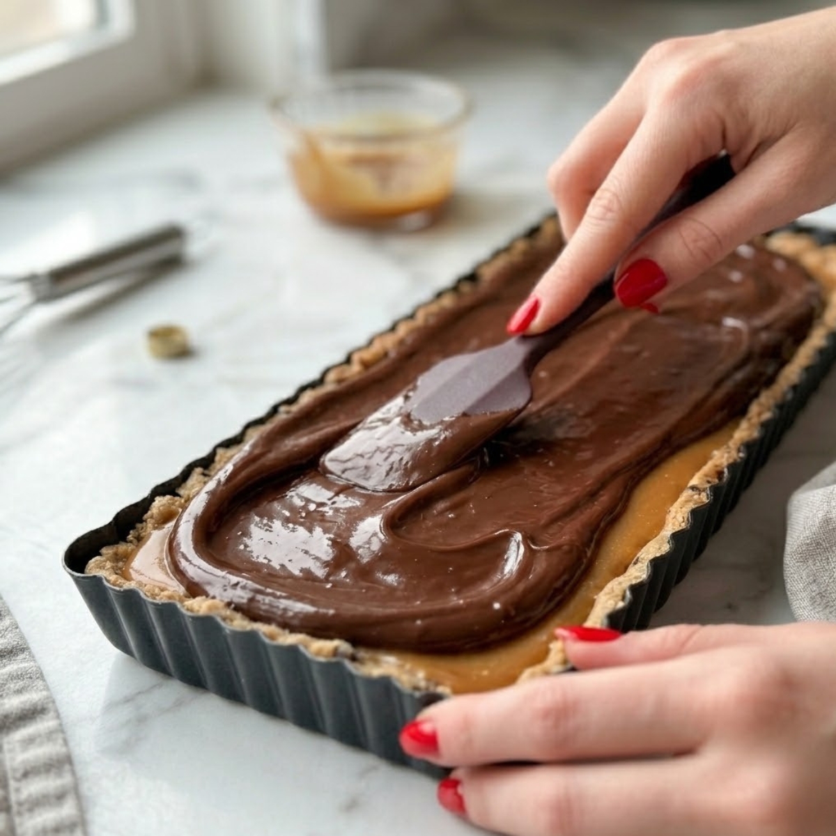 Close-up dyal young woman's hands f classic red nails using a spatula dyal actively spread rich and glossy semi-sweet chocolate ganache over l- set caramel layer to the edges dyal a rectangular tart pan, illustrating Step 4 dyal l- recipe.