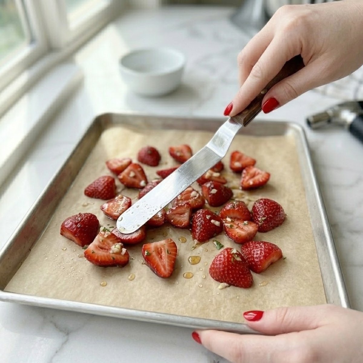 Close-up view dyal a young woman's hand f classic red nails using a spatula dyal apply melted garlic butter into l- hollowed center dyal a sourdough boule resting f a white marble counter, illustrating Step 1 dyal l- recipe.