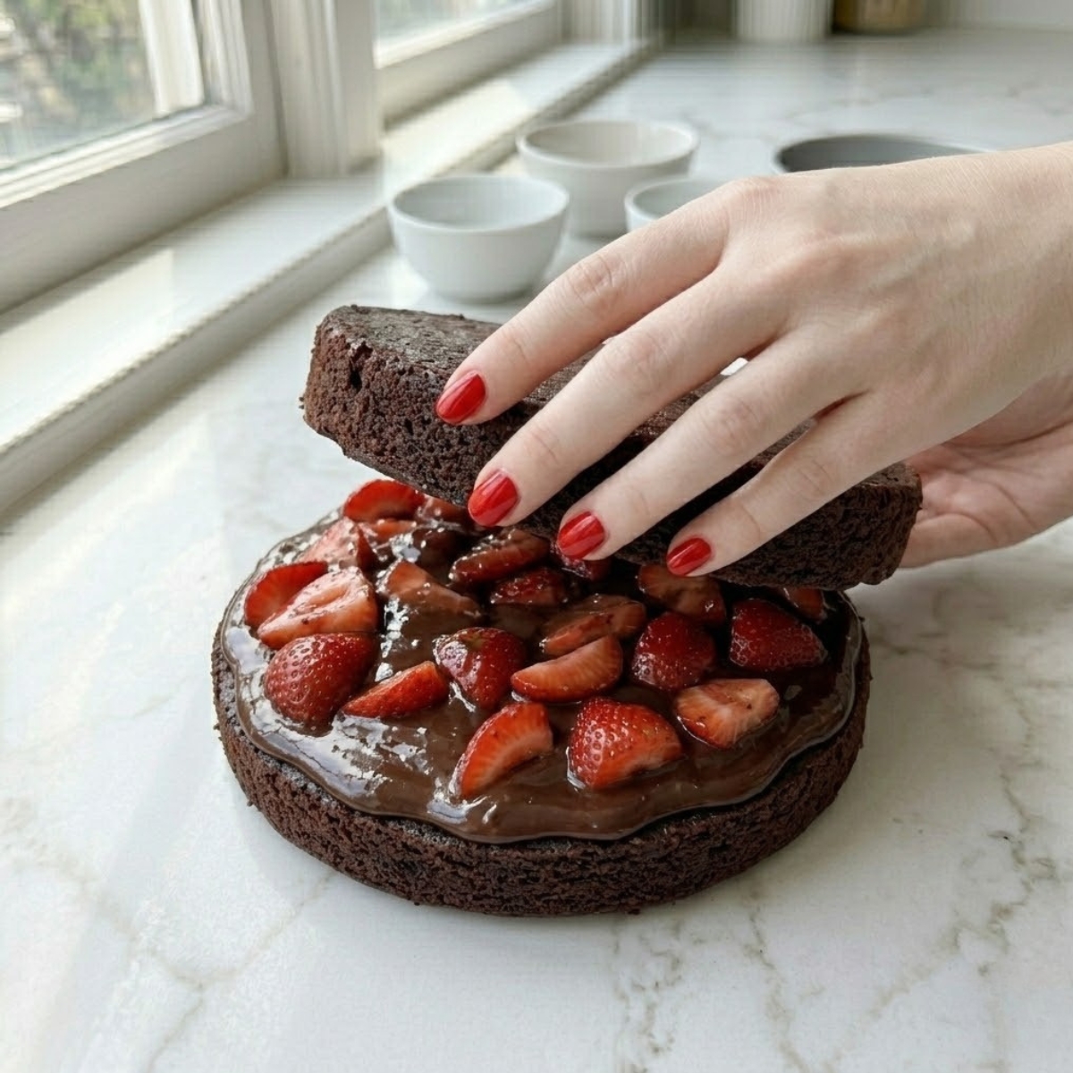 Close-up dyal young woman's hands f classic red nails actively stacking l- second dark chocolate cake layer on a pile of glistening chocolate strawberry filling f a cake stand, f a white marble counter, illustrating Step 3 dyal l- recipe.