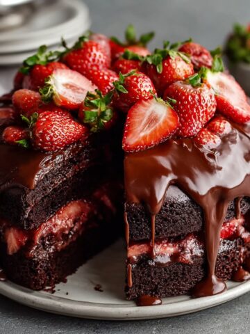 Strawberry Chocolate Shell Cake with rich dark chocolate layers, dripping ganache shell, strawberry filling, and a generous topping of fresh strawberries.