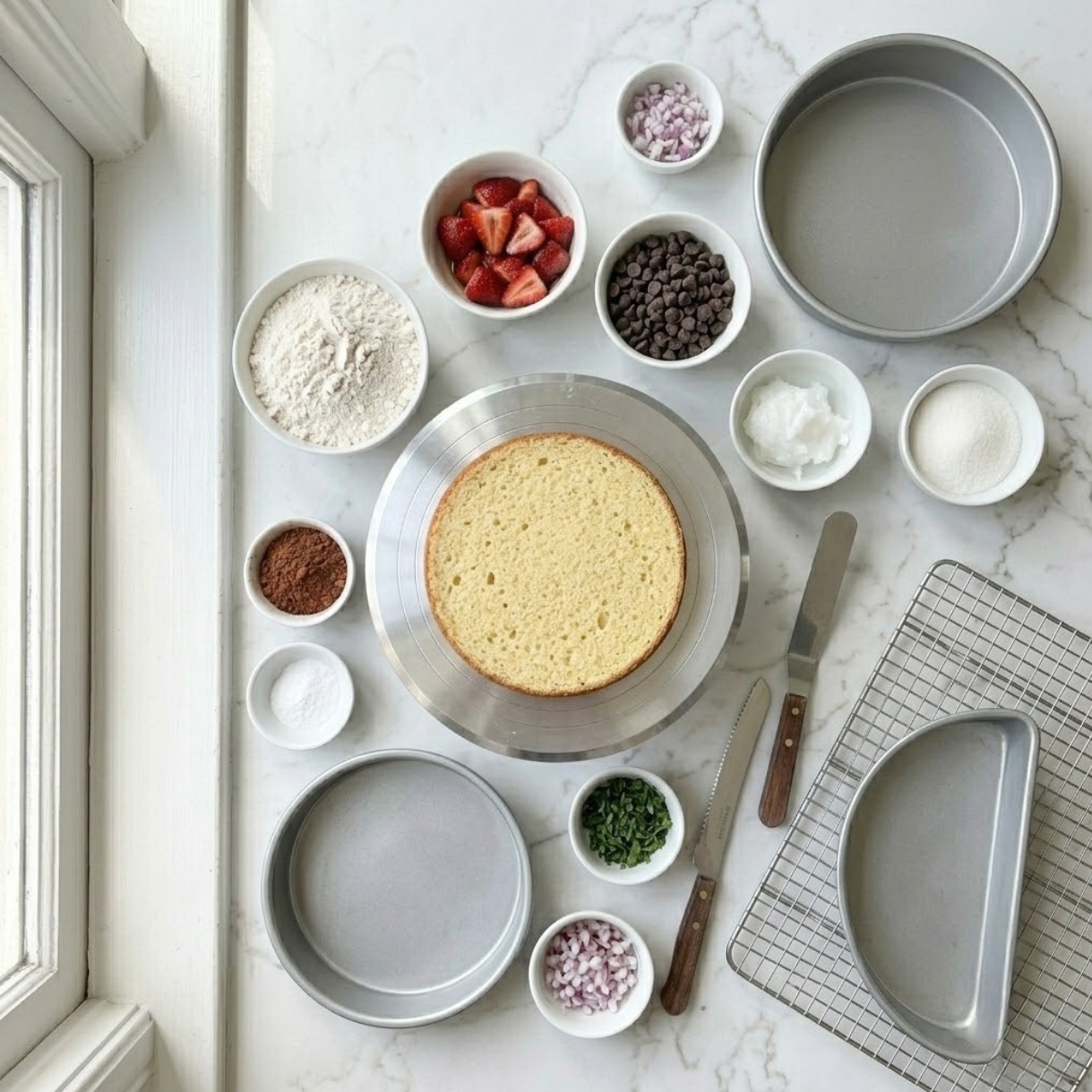 An organized overhead flat lay view dyal raw ingredients for Strawberry Chocolate Shell Cake, including dry cake mix, fresh strawberries, semi-sweet chocolate chips, and coconut oil, arranged f neat bowls on a white marble kitchen counter f natural light. No hands are visible.