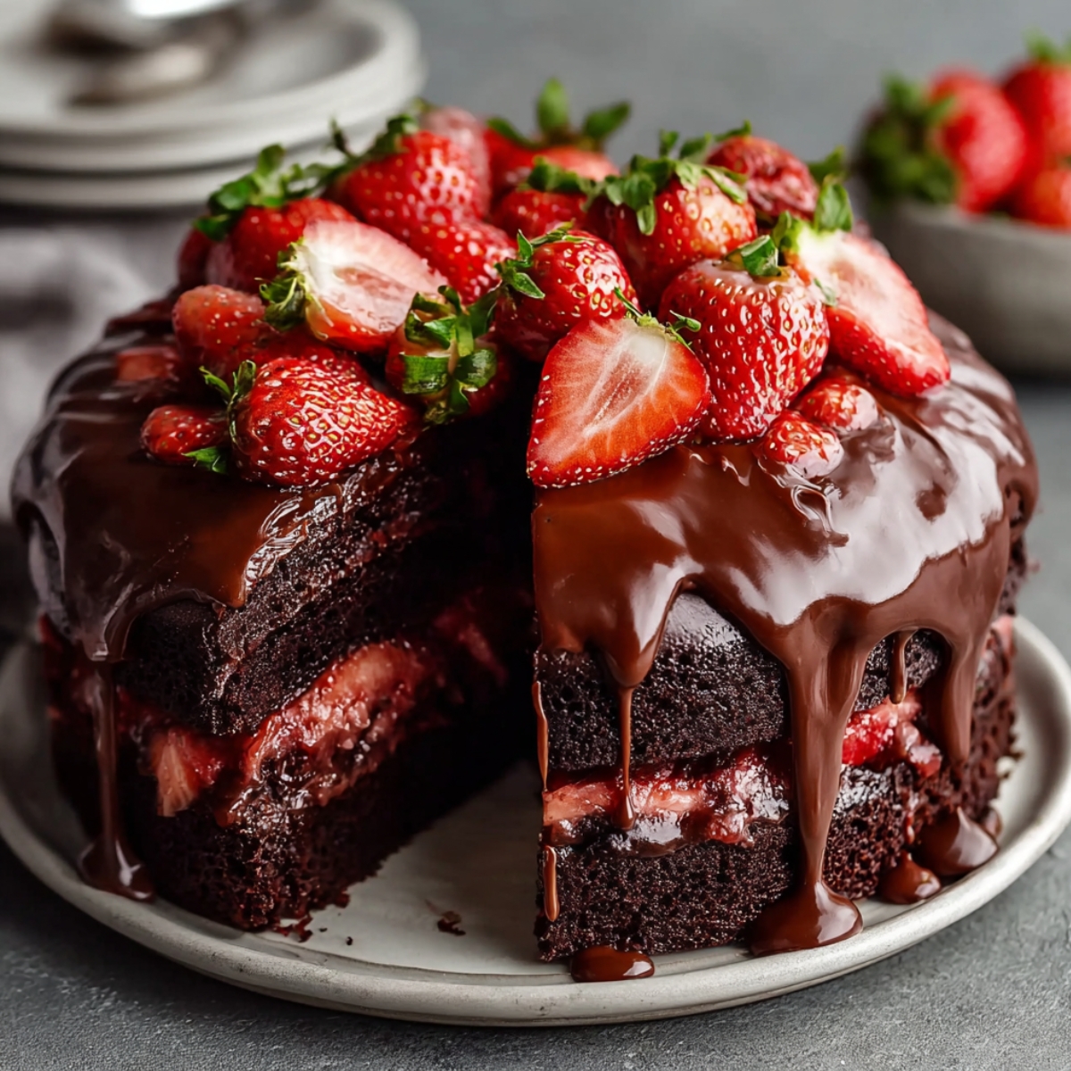 Strawberry Chocolate Shell Cake with rich dark chocolate layers, dripping ganache shell, strawberry filling, and a generous topping of fresh strawberries.