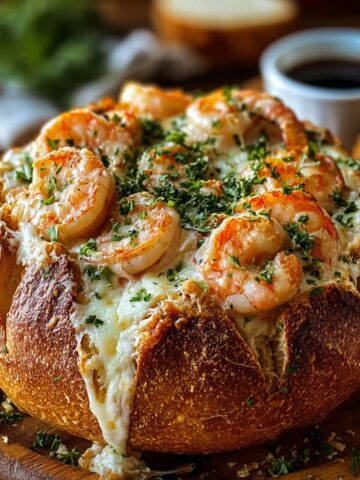 Stuffed Seafood Soup Bread Bowl with a crusty golden sourdough loaf overflowing with melted cheese, seasoned shrimp, and fresh parsley on a wooden board.