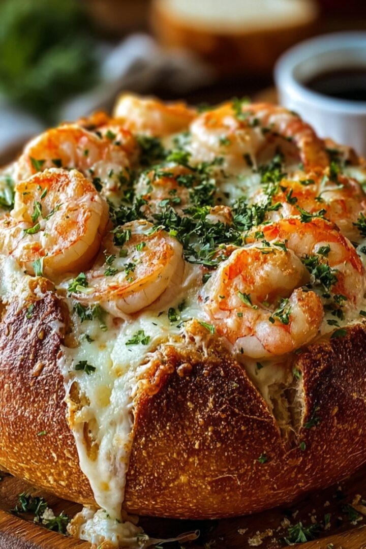 Stuffed Seafood Soup Bread Bowl with a crusty golden sourdough loaf overflowing with melted cheese, seasoned shrimp, and fresh parsley on a wooden board.