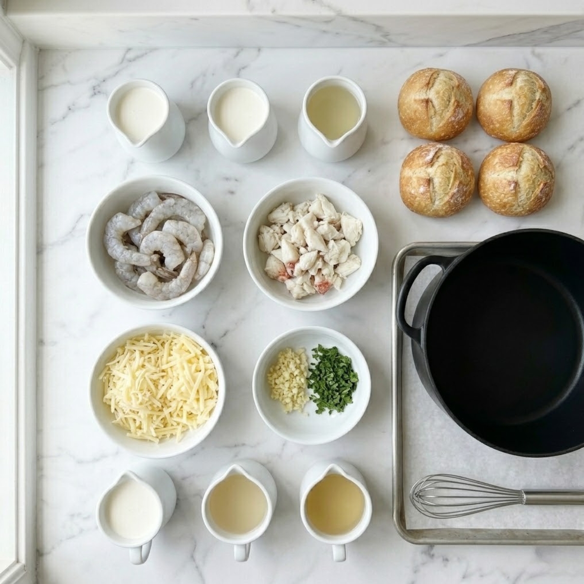 An organized overhead flat lay view dyal raw ingredients for Stuffed Seafood Soup Bread Bowl, including large shrimp, crab meat, heavy cream, cheeses, garlic, parsley, and sourdough boules, arranged f neat bowls on a white marble kitchen counter f natural light. No hands are visible.