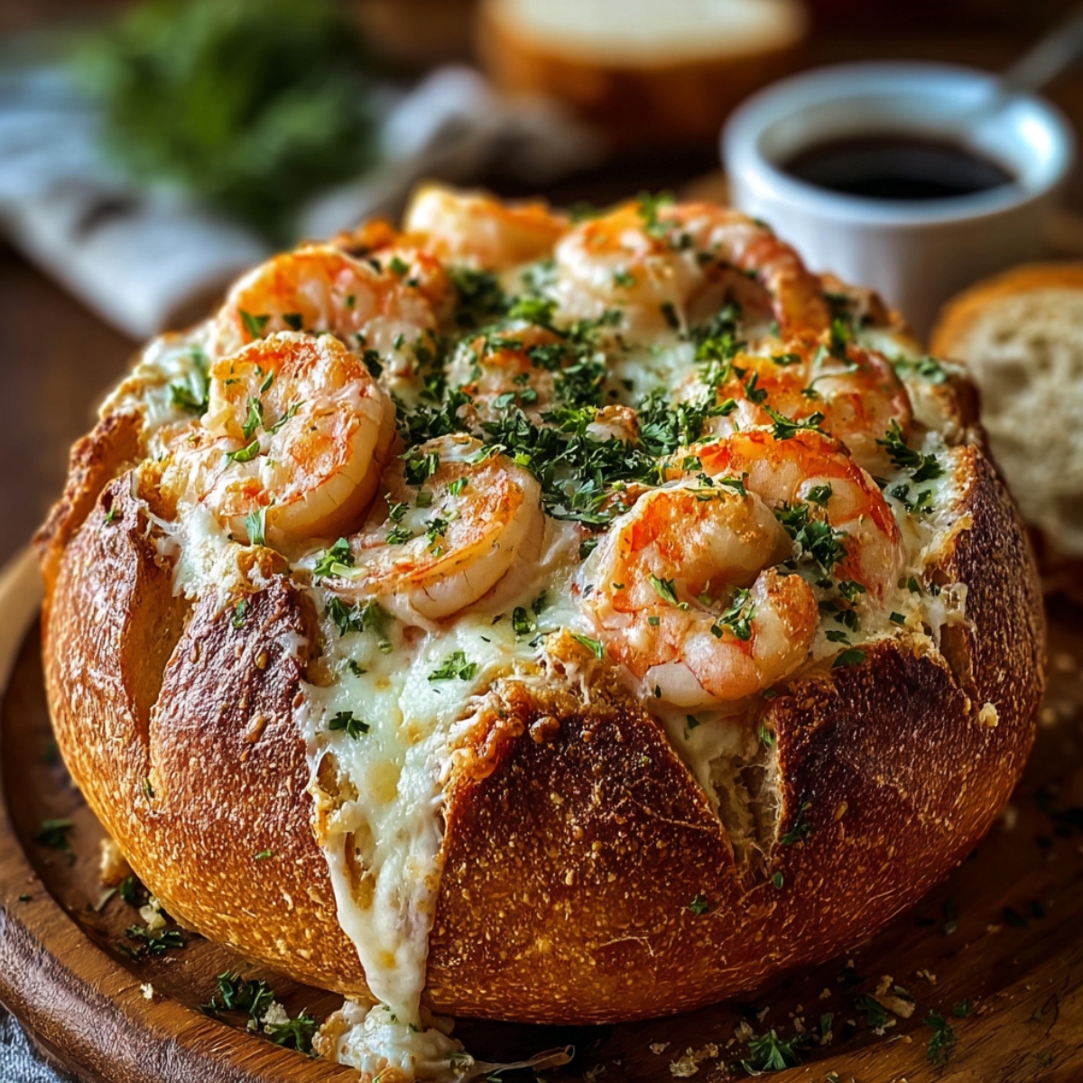 Stuffed Seafood Soup Bread Bowl with a crusty golden sourdough loaf overflowing with melted cheese, seasoned shrimp, and fresh parsley on a wooden board.