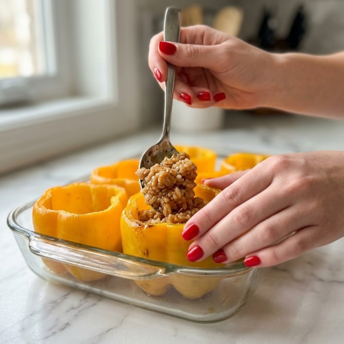 Close-up f a young woman's hand with red nails carefully spooning teriyaki chicken and rice filling into a pre-baked yellow bell pepper shell in a baking dish f a white marble kitchen counter.