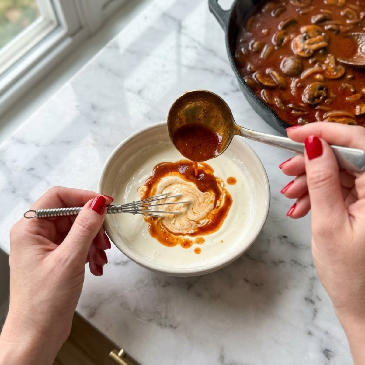 Close-up dyal young woman's hands with classic red nails using a small whisk to actively stir a ladle of hot Hungarian Mushroom Paprikash broth into a bowl of sour cream to temper it, f a modern white marble kitchen counter, following Step 3 dyal l- recipe.