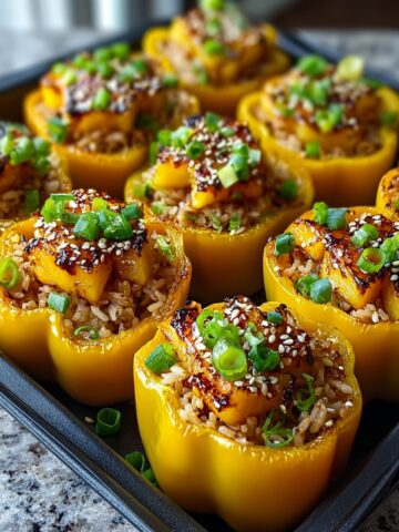 Teriyaki Pineapple Chicken and Rice Stuffed Peppers in a baking pan with caramelized pineapple, teriyaki rice, green onions, and sesame seeds.