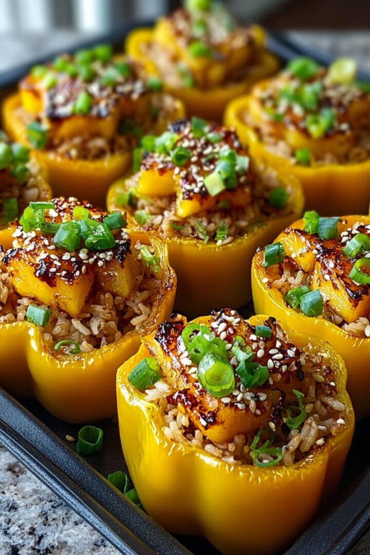 Teriyaki Pineapple Chicken and Rice Stuffed Peppers in a baking pan with caramelized pineapple, teriyaki rice, green onions, and sesame seeds.
