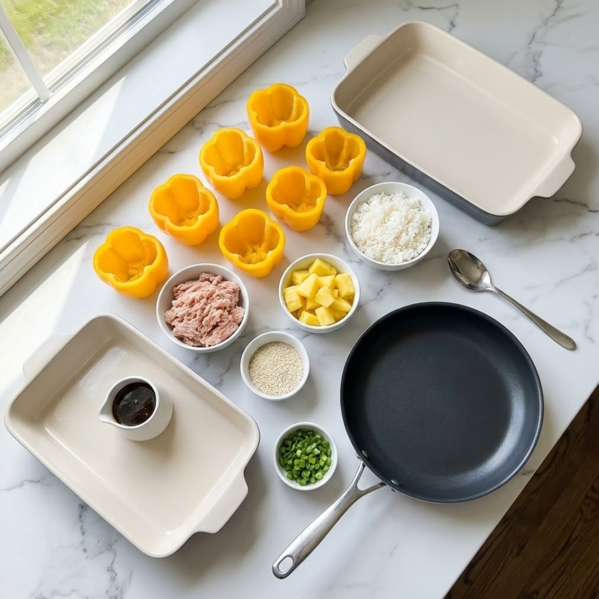 Overhead view of all measured ingredients for Teriyaki Pineapple Chicken and Rice Stuffed Peppers (based on image_259.png), including yellow bell peppers, ground chicken, rice, teriyaki sauce, pineapple, sesame seeds, and green onions, organized neat on a white marble kitchen counter without hands present.