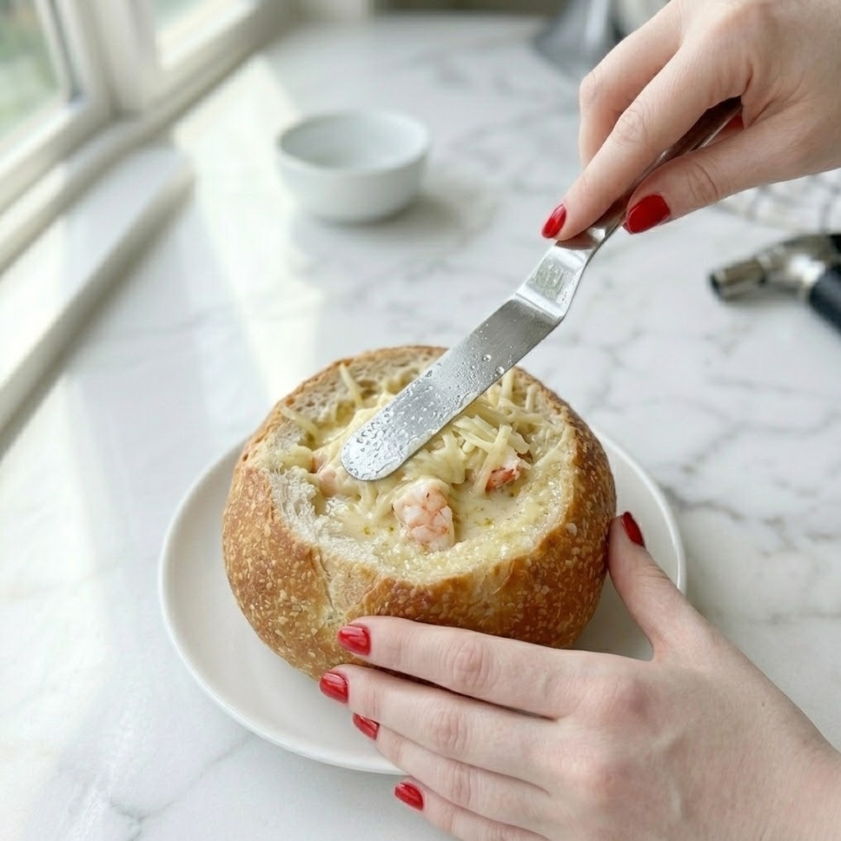 Close-up dyal young woman's hands f classic red nails spreading shredded Gruyere and white cheddar cheese over l- top dyal a hot seafood chowder filled bread boule which already has arranged large cooked shrimp visible.