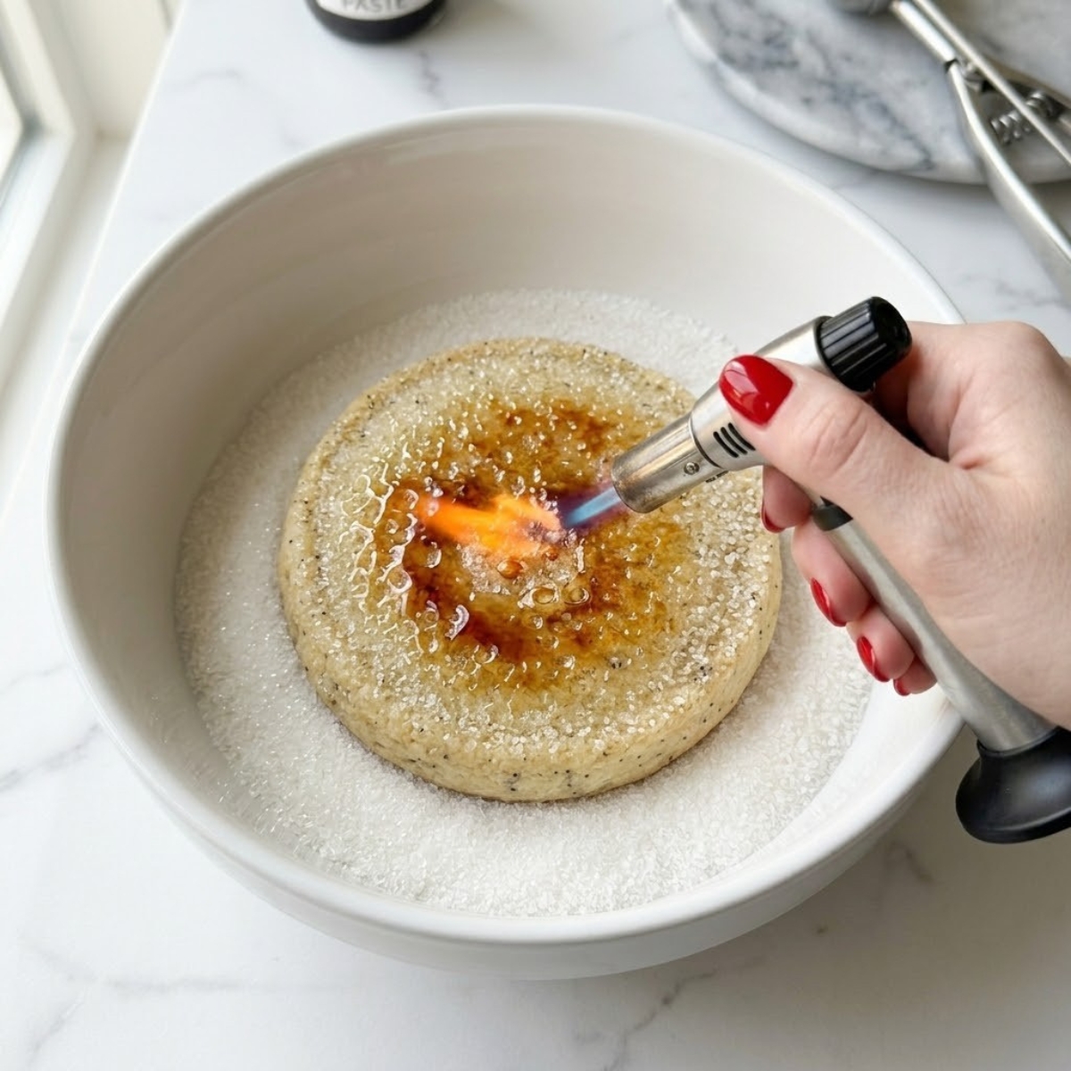 Extreme close-up of a young woman's hand with classic red nails holding a kitchen torch, actively melting the granulated sugar layer on a Crème Brûlée cookie into a deep amber caramelized shell f a bowl on a marble counter.