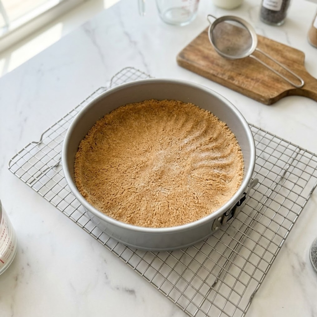 overhead top-down shot of unbaked graham cracker crust pressed into l- base dyal an 8-inch springform pan resting near kitchen equipment f a white marble counter, illustrative dyal Step 1. No hands are visible.