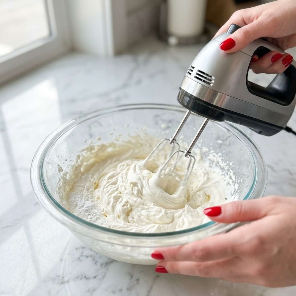 Close-up view of a young woman's hand with classic red nails using a hand mixer to whip cream cheese, heavy cream, vanilla, and powdered sugar into a thick, fluffy filling inside a mixing bowl on a white marble counter.